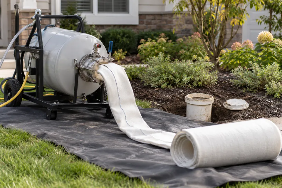 Pipe-lining drum and flexible liner material staged beside a sewer access point.