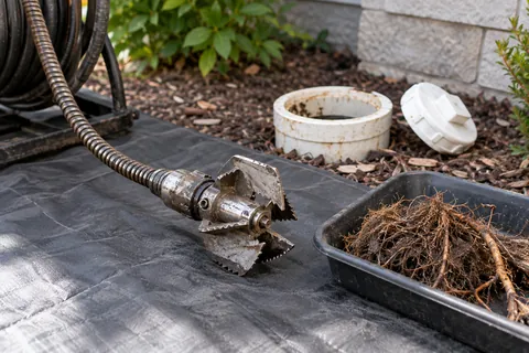 Sewer root-cutting equipment and a small bundle of roots beside a cleanout.