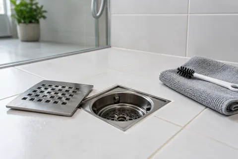 Shower drain opening with its cover removed and cleaning tools beside it.