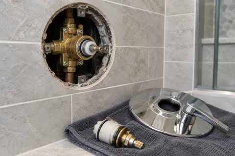 Shower valve access opening with removed trim and a replacement cartridge nearby.