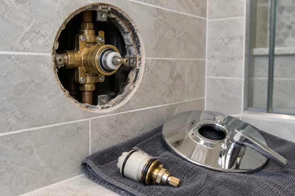 Shower valve access opening with removed trim and a replacement cartridge nearby.