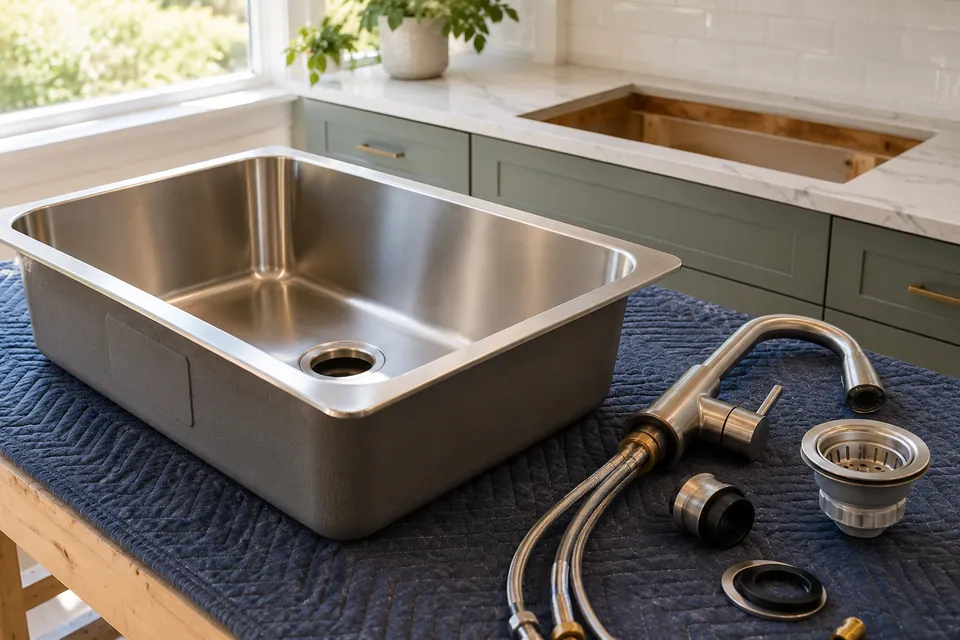 Kitchen sink and drain components prepared beside a countertop opening.