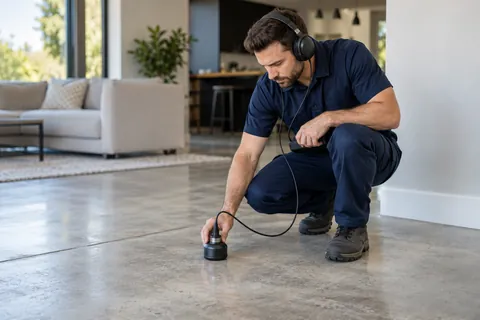Technician using an acoustic listening sensor on a concrete floor.