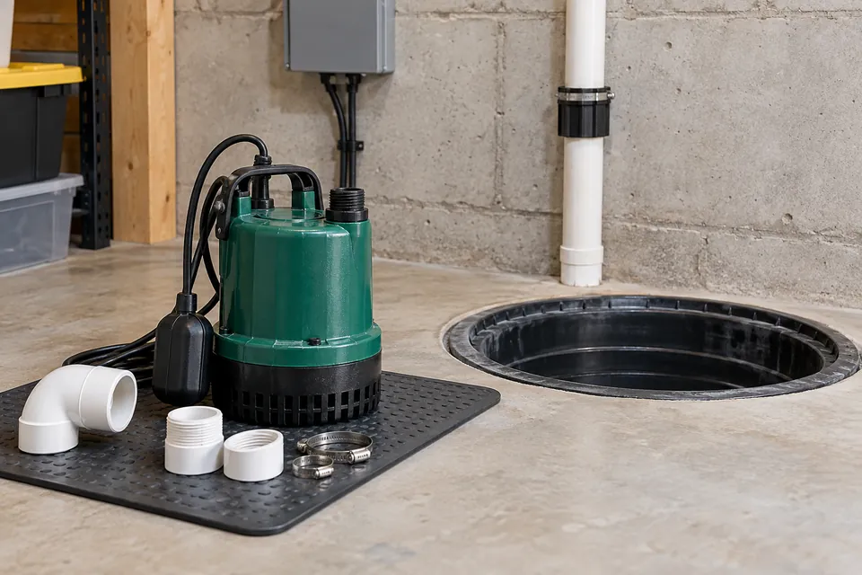 New sump pump and discharge fittings beside a prepared basin.