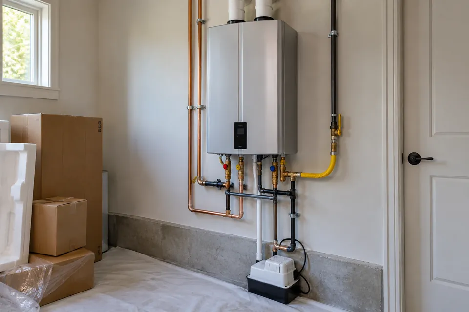 New wall-mounted tankless heater with installation materials nearby.