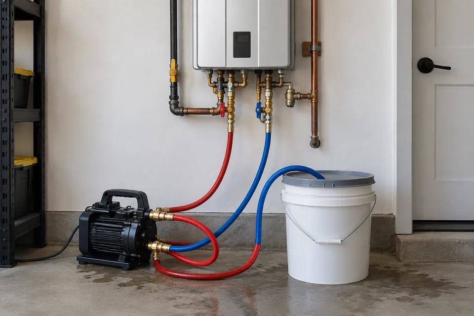 Tankless water heater with servicing pump and hoses arranged below it.