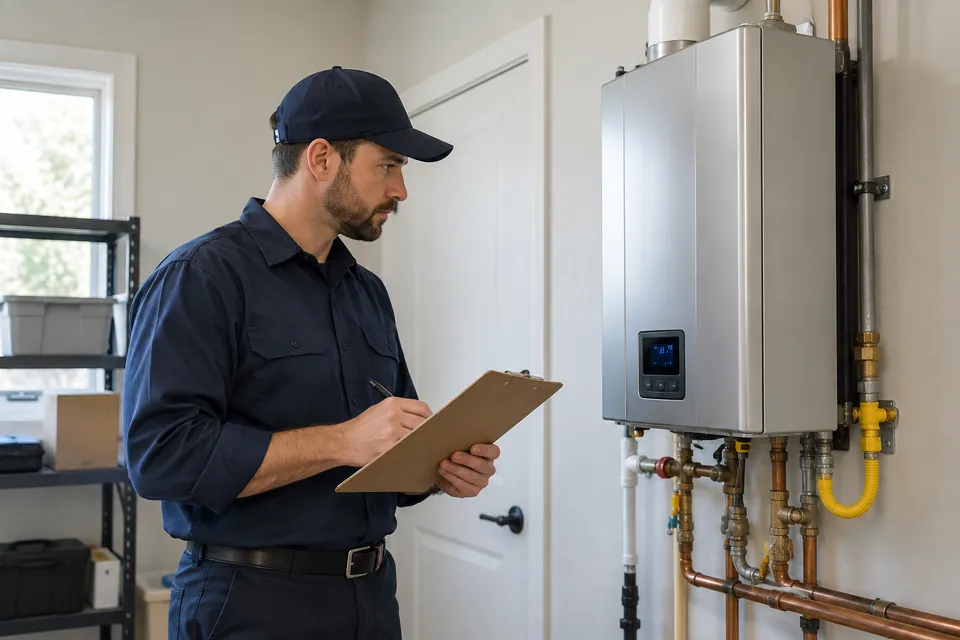 Plumbing professional checking the external display of a tankless water heater.