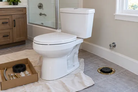 New toilet and installation parts staged beside the prepared bathroom connection.