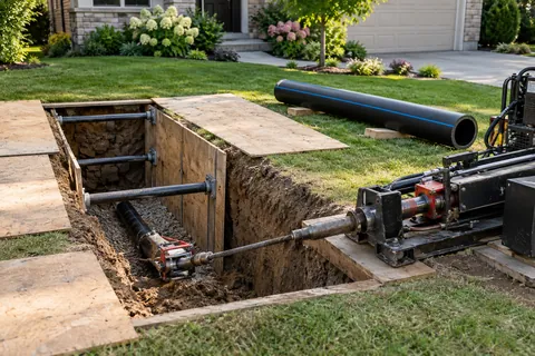 Trenchless sewer equipment staged beside a small protected access excavation.