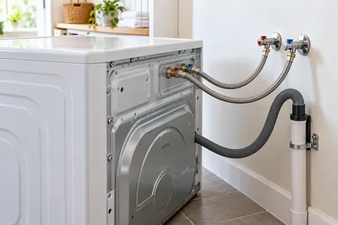 Washing-machine supply hoses and standpipe drain visible in a laundry room.