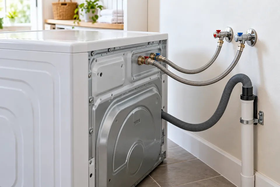Washing-machine supply hoses and standpipe drain visible in a laundry room.