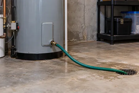 Water-heater drain hose arranged beside a storage tank in a utility room.