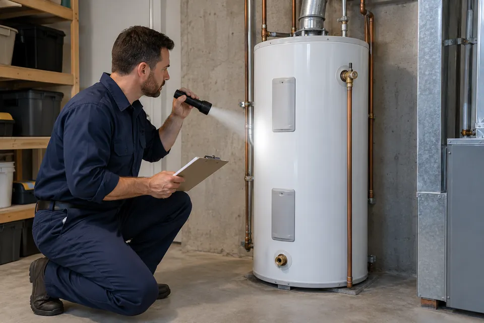 Professional inspecting the outside of a storage water heater during a service visit.