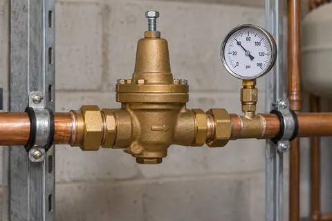 Brass water-pressure regulator with a nearby pressure gauge.