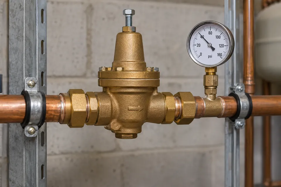 Brass water-pressure regulator with a nearby pressure gauge.