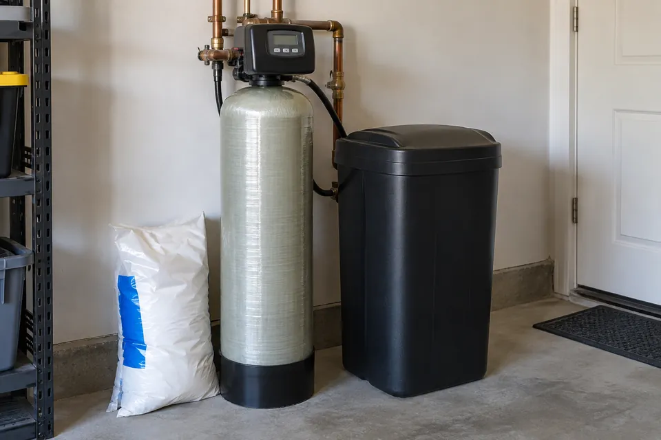 Water softener tank and separate brine container in a utility room.