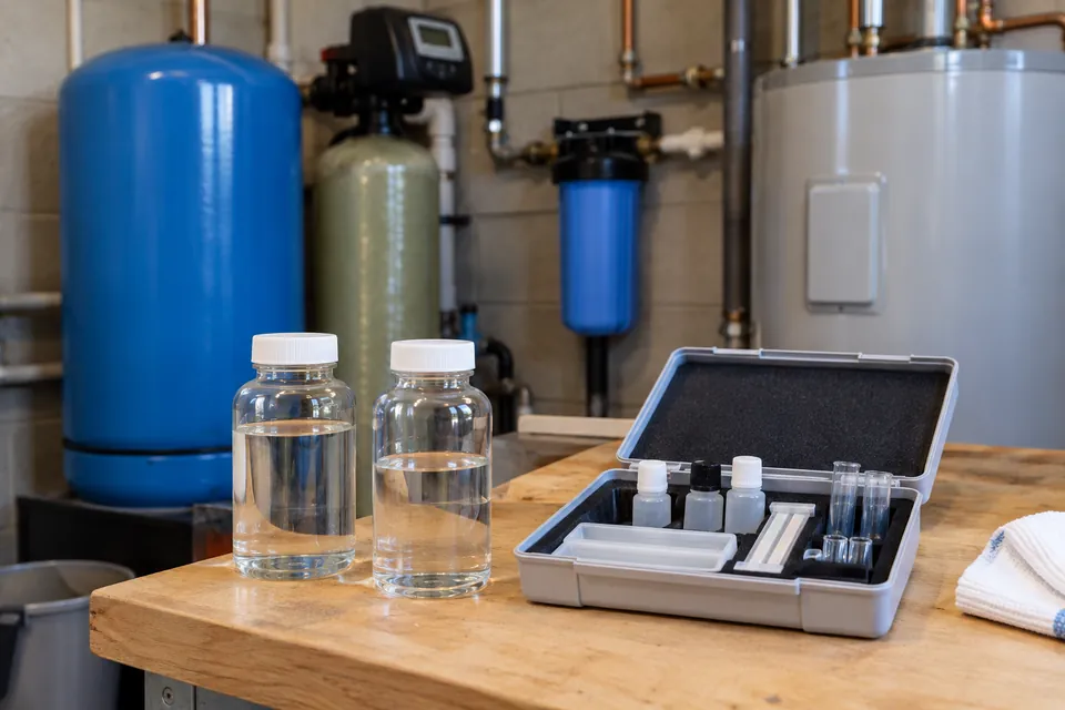 Water sample bottles and a test kit with treatment equipment in the background.