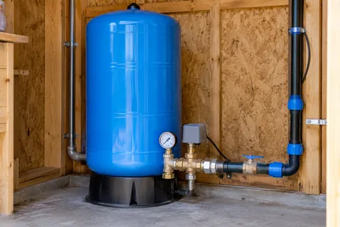 Blue well pressure tank with connected piping and a pressure gauge.