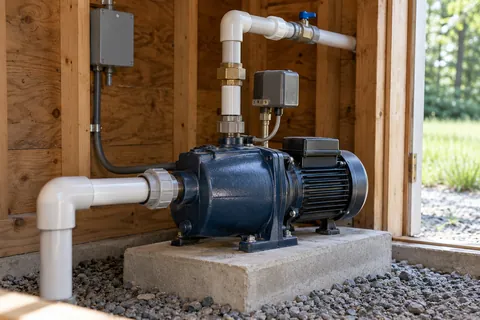 Well pump on a raised base with connected piping in a pump house.