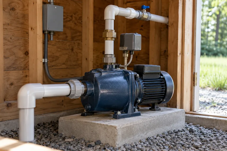 Well pump on a raised base with connected piping in a pump house.