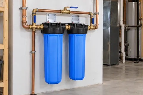 Whole-house filter housings at a supply entry with space for servicing.