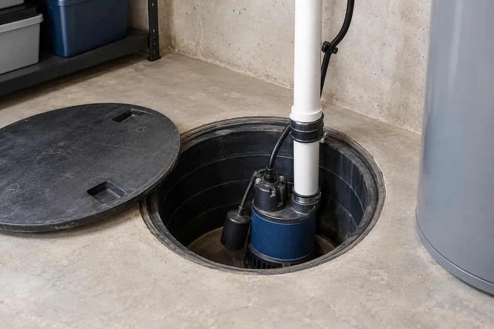 Submersible pump and discharge pipe visible inside a basement sump basin