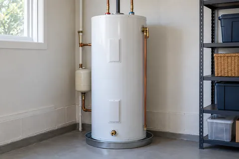 White storage water heater with connected piping in a utility room