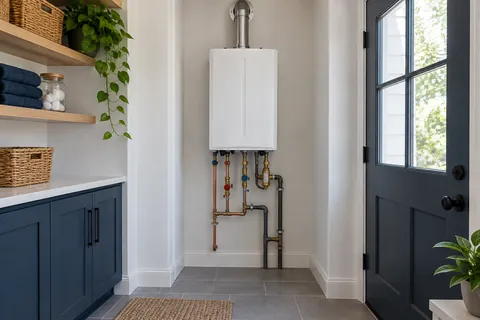 Wall-mounted tankless water heater with service valves beneath it
