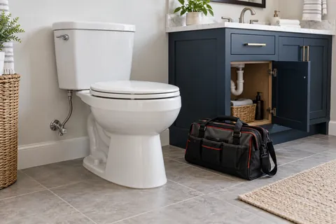 White toilet with a supply connection beside a bathroom vanity and tool bag