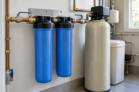 Blue water filter housings and water-treatment equipment in a utility room