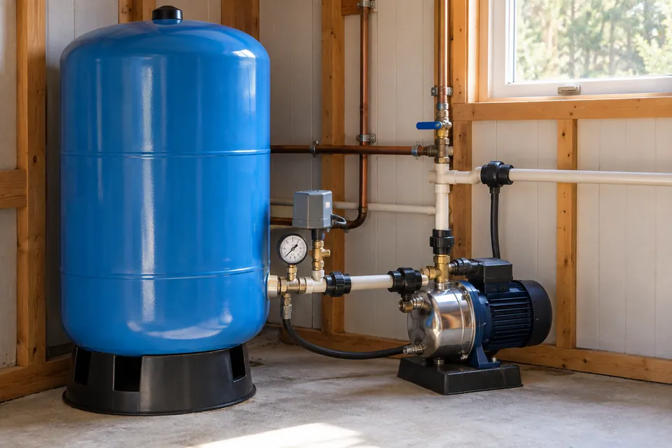 Blue well pressure tank with a pump and connected water piping